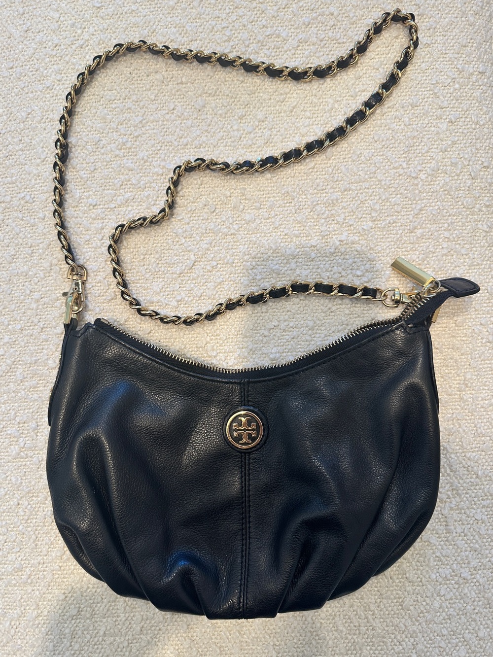 Tory Burch Black Leather Crossbody Shoulder Bag Gold Chain Zip Top